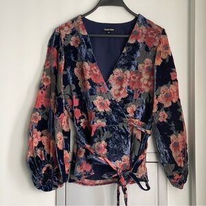 YUMI KIM Navy and Pink Floral Velvet and  Sheet Wrap Blouse
